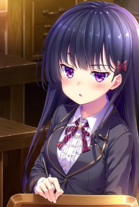 zakuronanase, <lyco:zakuronanase-lyco-nochekaiser:1>,
zakuro nanase, long hair, black hair, hair ornament, (purple eyes:1.1), hair bow, bangs, blunt bangs,
BREAK shirt, school uniform, white shirt, frills, red bow, plaid, center frills, plaid bow,
BREAK indoors, classroom,
BREAK looking at viewer, (cowboy shot:1.5),
BREAK <lyco:GoodHands-beta2:1>, (masterpiece:1.2), best quality, high resolution, unity 8k wallpaper, (illustration:0.8), (beautiful detailed eyes:1.6), extremely detailed face, perfect lighting, extremely detailed CG, (perfect hands, perfect anatomy),