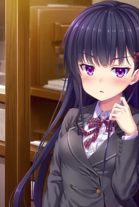 zakuronanase, <lyco:zakuronanase-lyco-nochekaiser:1>,
zakuro nanase, long hair, black hair, hair ornament, (purple eyes:1.1), hair bow, bangs, blunt bangs,
BREAK shirt, school uniform, white shirt, frills, red bow, plaid, center frills, plaid bow,
BREAK indoors, classroom,
BREAK looking at viewer, (cowboy shot:1.5),
BREAK <lyco:GoodHands-beta2:1>, (masterpiece:1.2), best quality, high resolution, unity 8k wallpaper, (illustration:0.8), (beautiful detailed eyes:1.6), extremely detailed face, perfect lighting, extremely detailed CG, (perfect hands, perfect anatomy),