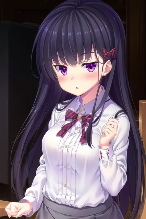 zakuronanase, <lyco:zakuronanase-lyco-nochekaiser:1>,
zakuro nanase, long hair, black hair, hair ornament, (purple eyes:1.1), hair bow, bangs, blunt bangs,
BREAK shirt, school uniform, white shirt, frills, red bow, plaid, center frills, plaid bow,
BREAK indoors, classroom,
BREAK looking at viewer, (cowboy shot:1.5),
BREAK <lyco:GoodHands-beta2:1>, (masterpiece:1.2), best quality, high resolution, unity 8k wallpaper, (illustration:0.8), (beautiful detailed eyes:1.6), extremely detailed face, perfect lighting, extremely detailed CG, (perfect hands, perfect anatomy),