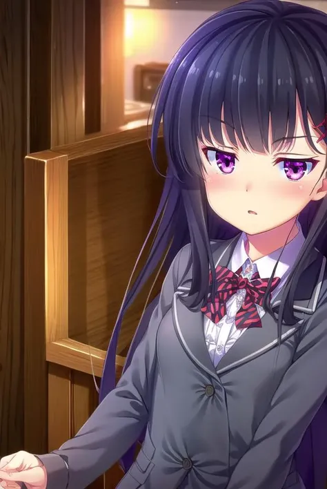 zakuronanase, <lyco:zakuronanase-lyco-nochekaiser:1>,
zakuro nanase, long hair, black hair, hair ornament, (purple eyes:1.1), hair bow, bangs, blunt bangs,
BREAK shirt, school uniform, white shirt, frills, red bow, plaid, center frills, plaid bow,
BREAK indoors, classroom,
BREAK looking at viewer, (cowboy shot:1.5),
BREAK <lyco:GoodHands-beta2:1>, (masterpiece:1.2), best quality, high resolution, unity 8k wallpaper, (illustration:0.8), (beautiful detailed eyes:1.6), extremely detailed face, perfect lighting, extremely detailed CG, (perfect hands, perfect anatomy),