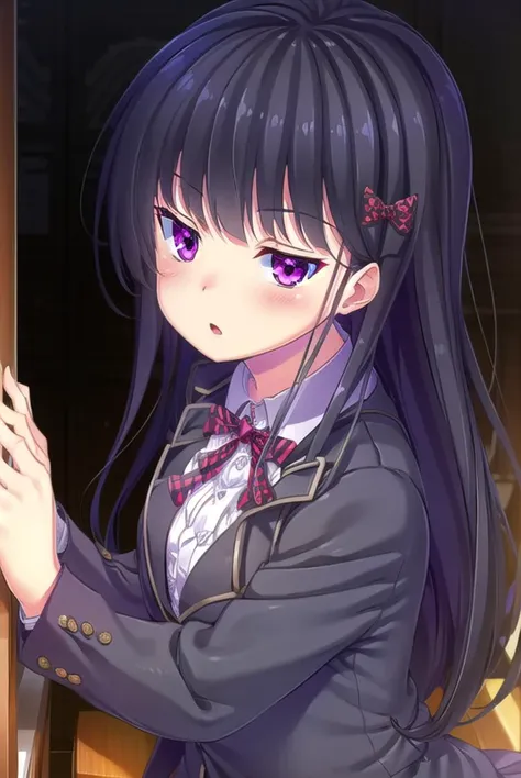 zakuronanase, <lyco:zakuronanase-lyco-nochekaiser:1>,
zakuro nanase, long hair, black hair, hair ornament, (purple eyes:1.1), hair bow, bangs, blunt bangs,
BREAK shirt, school uniform, white shirt, frills, red bow, plaid, center frills, plaid bow,
BREAK indoors, classroom,
BREAK looking at viewer, (cowboy shot:1.5),
BREAK <lyco:GoodHands-beta2:1>, (masterpiece:1.2), best quality, high resolution, unity 8k wallpaper, (illustration:0.8), (beautiful detailed eyes:1.6), extremely detailed face, perfect lighting, extremely detailed CG, (perfect hands, perfect anatomy),