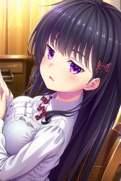 zakuronanase, <lyco:zakuronanase-lyco-nochekaiser:1>,
zakuro nanase, long hair, black hair, hair ornament, (purple eyes:1.1), hair bow, bangs, blunt bangs,
BREAK shirt, school uniform, white shirt, frills, red bow, plaid, center frills, plaid bow,
BREAK indoors, classroom,
BREAK looking at viewer, (cowboy shot:1.5),
BREAK <lyco:GoodHands-beta2:1>, (masterpiece:1.2), best quality, high resolution, unity 8k wallpaper, (illustration:0.8), (beautiful detailed eyes:1.6), extremely detailed face, perfect lighting, extremely detailed CG, (perfect hands, perfect anatomy),