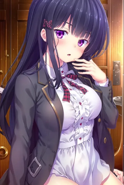 zakuronanase, <lyco:zakuronanase-lyco-nochekaiser:1>,
zakuro nanase, long hair, black hair, hair ornament, (purple eyes:1.1), hair bow, bangs, blunt bangs,
BREAK shirt, school uniform, white shirt, frills, red bow, plaid, center frills, plaid bow,
BREAK indoors, classroom,
BREAK looking at viewer, (cowboy shot:1.5),
BREAK <lyco:GoodHands-beta2:1>, (masterpiece:1.2), best quality, high resolution, unity 8k wallpaper, (illustration:0.8), (beautiful detailed eyes:1.6), extremely detailed face, perfect lighting, extremely detailed CG, (perfect hands, perfect anatomy),