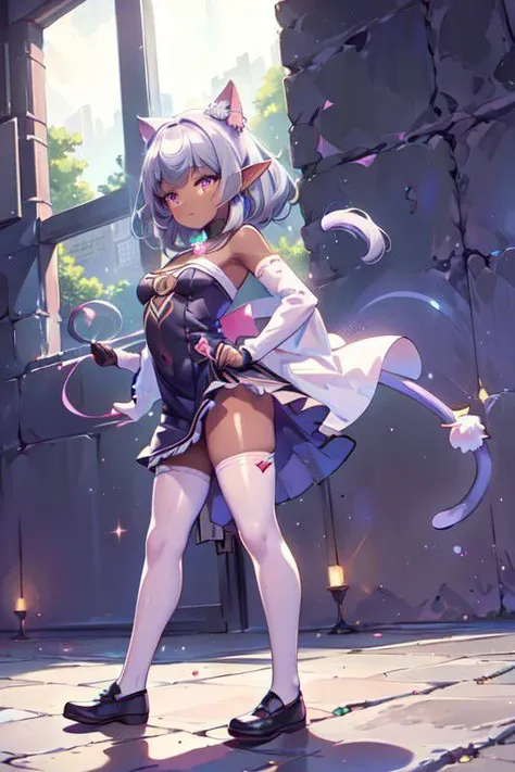 (masterpiece:1.2), (best quality:1.2), perfect lighting, beautiful, <lora:add_detail:0.5>, RAW, analog, Canon 85 mm, award winning glamour photograph, ((hyperrealistic)), fine details, 8k, uhd, extremely detailed body, (extremely detailed skin:1.2), clear, (professional lighting), highres, high detail, sharp focus, aesthetic, extremely detailed, max detail, natural skin texture, elegant, sharp focus, natural lights, HDR, high quality, (front view, standing, model posing:1.4), 1 girl, looking at viewer, elf girl, pointed ears, smug grin, fcNeg, check the prompts for ideas, fcNeg, (dark skin:1.5), elf, earrings, dark purple hair, witch, long hair, (silver eyes:1.5), thighhighs, gloves, indigo dress, cleavage, bare shoulders, elbow gloves, witch hat, white thighhighs, small bust, short stature, Style-GravityMagic, MNN_Taruto, Neko mage, dark purple cat tail, Magical, vibrant