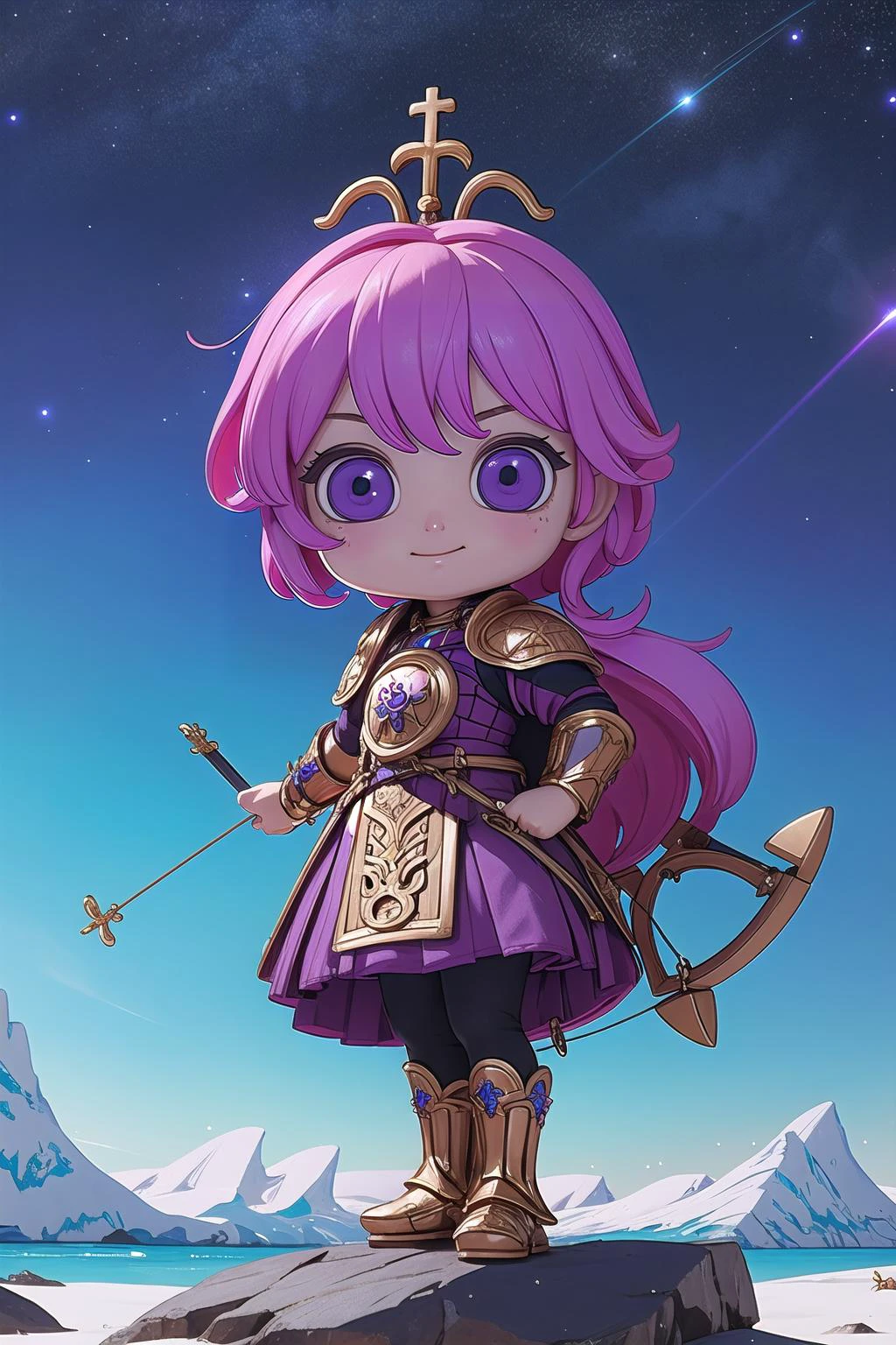 (masterpiece, best_quality, ultra-detailed, immaculate:1.3), epic, illustration, 1girl, full body, fierce arctic celtic archer, (muscular:1.1), (leather armor:1.3), fur pauldrons, , leather helmet, eye contact, korean, in a frozen, natural workshop ("at the celestial Reliquary, Ultraviolet":1.2), on a epic beach, bombshell hair, light magenta hair with purple highlights, Twisted Mohawk,short bombshell hair, ojou-sama pose<lyco:EnvyCuteMix17:1>