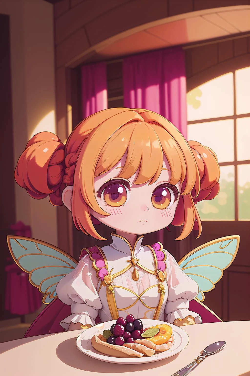 (masterpiece, best_quality, ultra-detailed, immaculate:1.3), epic, illustration, 1girl, shiny yellow skin, f/1.4 lens, bokeh, tiny Boysenberry fairy queen,fairy wings, see-through gossamer, frown, in a Baroque, wispy dining hall, bombshell hair, orange hair, Four Strand Braid,side ponytail, eye contact<lyco:EnvyCuteMix17:1>