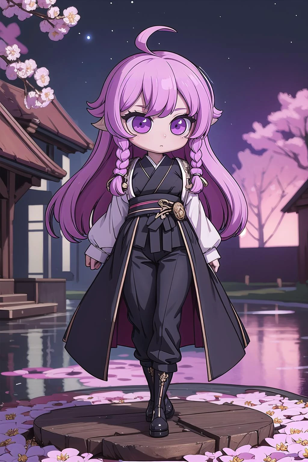 (masterpiece, best_quality, ultra-detailed, immaculate:1.3), epic, illustration, succubus rogue lord , latex , thigh boots,, hakama trousers,beige hair with violet highlights, bombshell hime cut, , full body, moonless night, by a cyberpunk, cherry blossom pond, in a village, bombshell hair, dark aqua hair, ahoge,Mermaid Braid, bras d'honneur<lyco:EnvyCuteMix17:1>