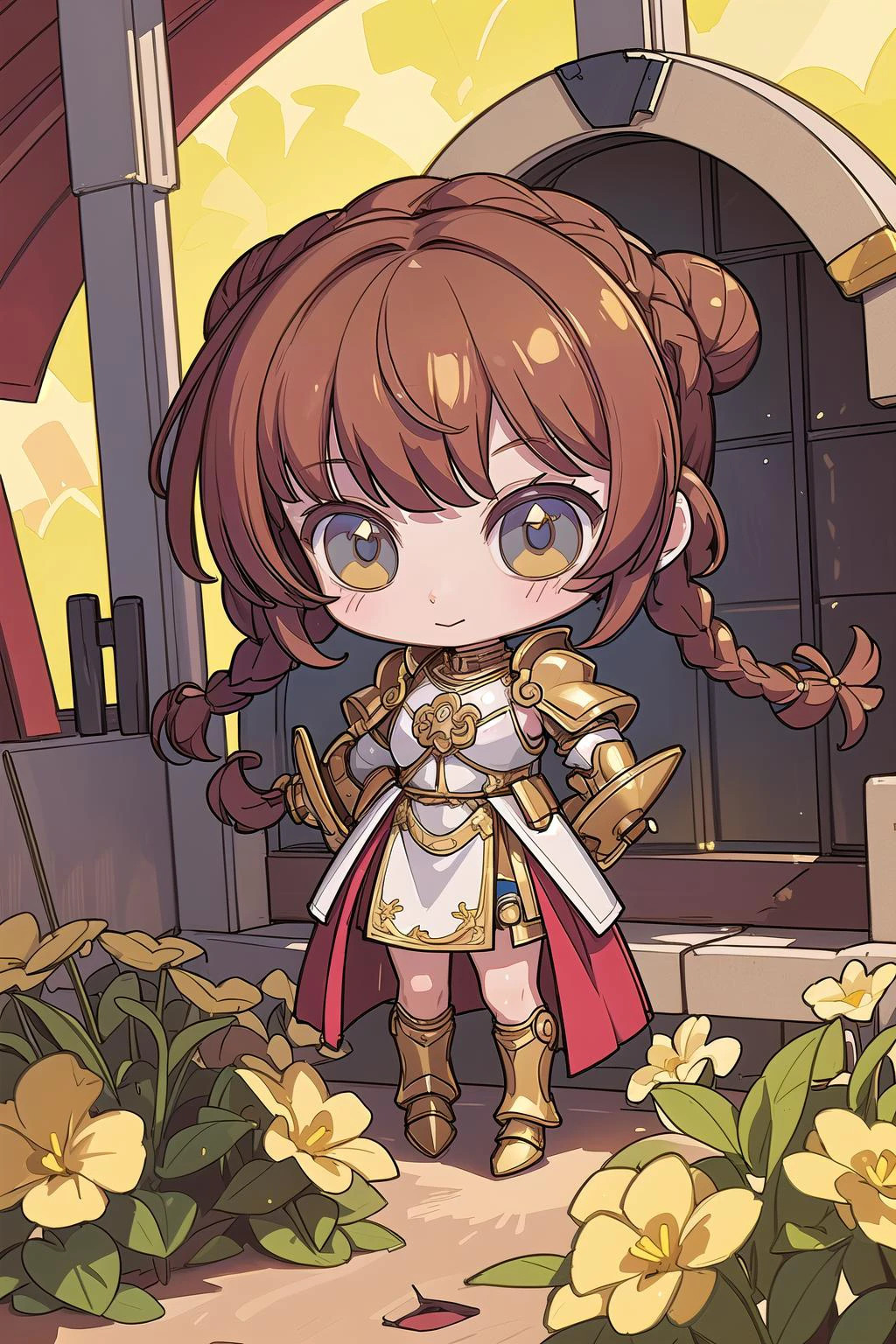 (masterpiece, best_quality, ultra-detailed, immaculate:1.3), epic, illustration, sci-fi fighter , (armor:1.3), pauldrons, goldenrod hair, hair bun,Micro Braids, eye contact, in a steampunk, underground greenhouse, in a Hawaiian, medieval studio, bombshell hair, vivid brown hair, bombshell bob cut, full scorpion<lyco:EnvyCuteMix17:1>