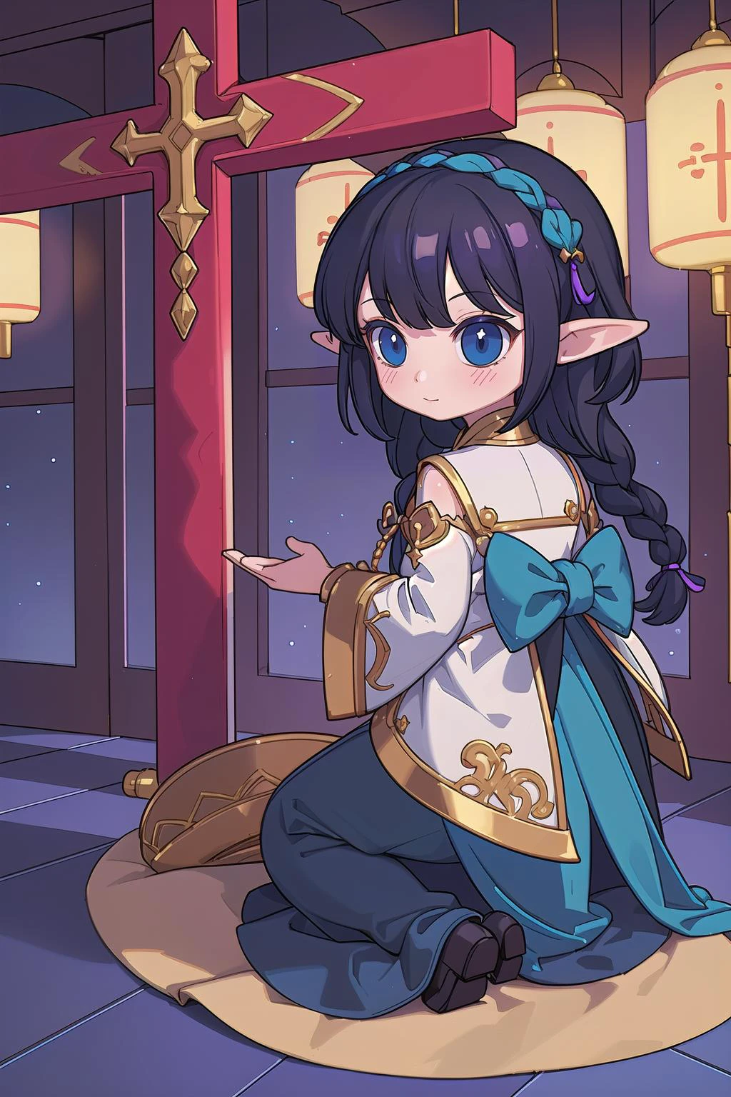 from behind, (masterpiece, best_quality, ultra-detailed, immaculate:1.3), epic, illustration, welcoming, 1girl, summoner, elf, light multicolor hair, Coiffed Waves, casting spell, in an Chinese, streamline moderne atelier, in front of a school, bombshell hair, black hair, V-cut,side braid, crucifixion<lyco:EnvyCuteMix17:1>