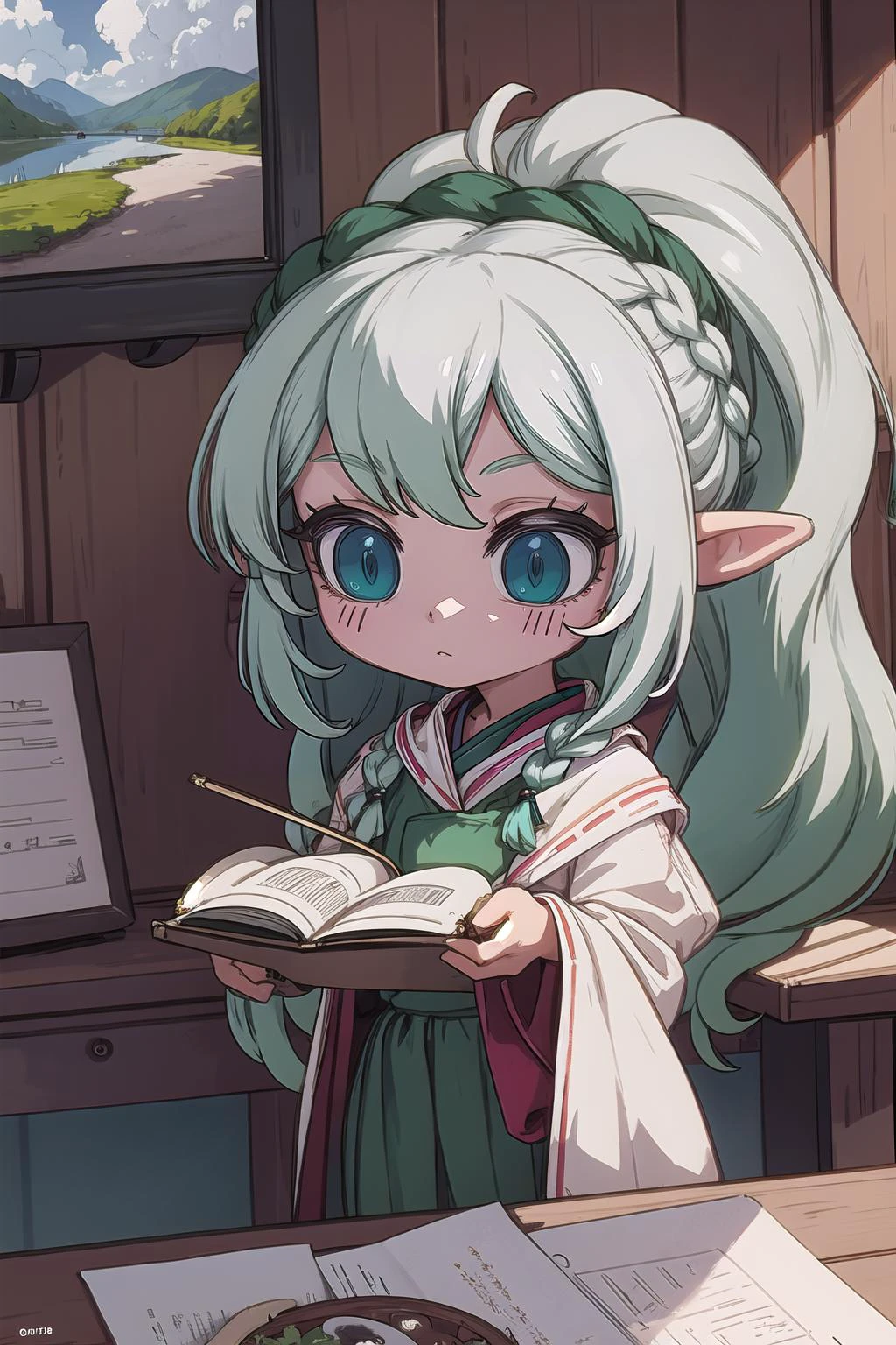 (masterpiece, best_quality, ultra-detailed, immaculate:1.3), epic, illustration, welcoming, 1girl, drifter, elf, sea green hair, hair rings,Twist Ponytail, (full body:0.5), [:outlandish costume design:0.2], (african, dark skin:0.6), by a harrowing, Roman mountain lake, in a mad scientist's cabin, bombshell hair, gray hair, Half Up Fishtail Braid, ojou-sama pose<lyco:EnvyCuteMix17:1>