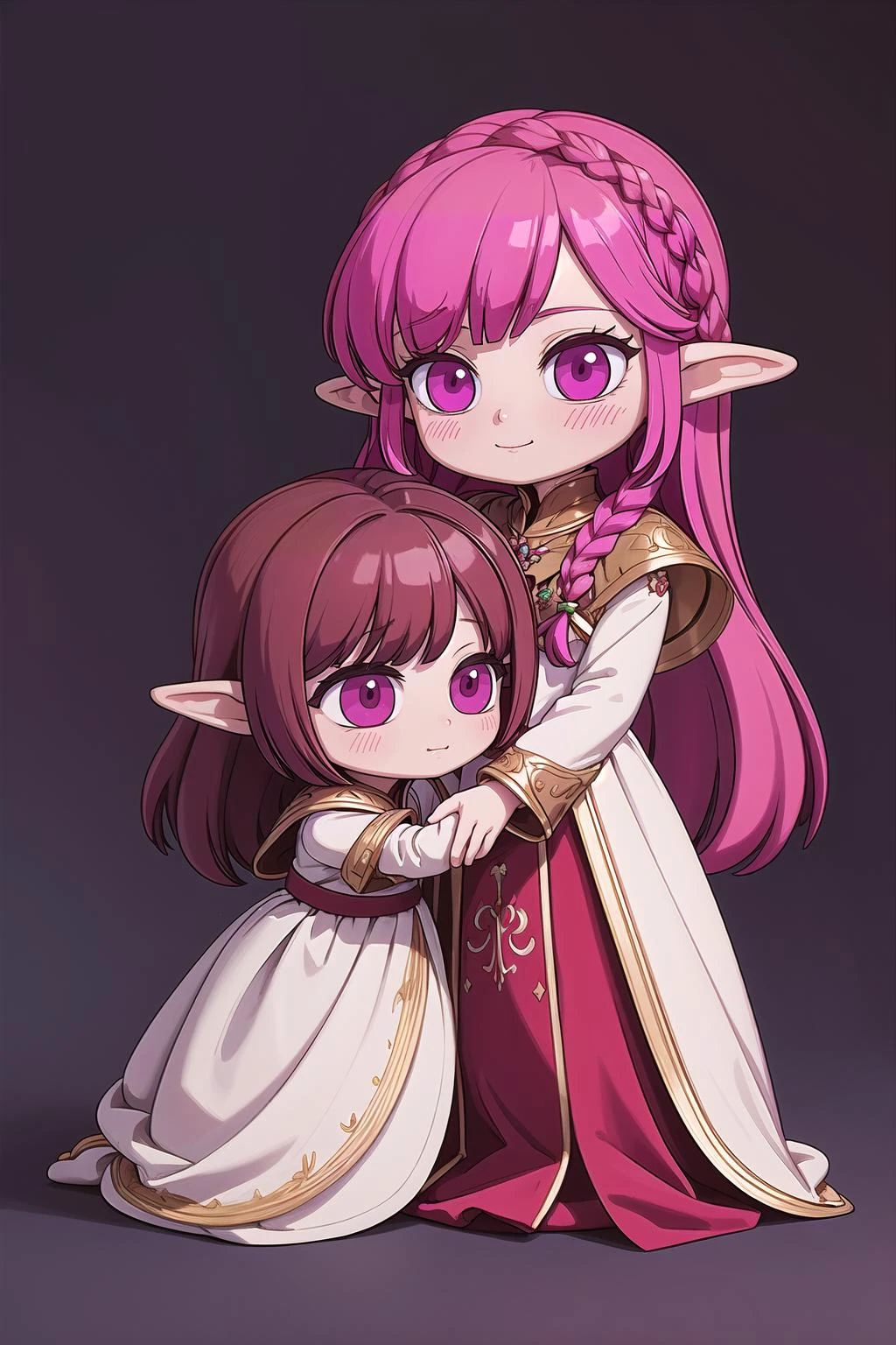 2girls, couple, hugging, (masterpiece, best_quality, ultra-detailed, immaculate:1.3), epic, illustration, elf warpriest lord villainess, pauldrons, bright magenta hair, low-braided long hair, object hug, simple background, in the Shire, bombshell hair, brown hair, long hair, crossed legs<lyco:EnvyCuteMix17:1>