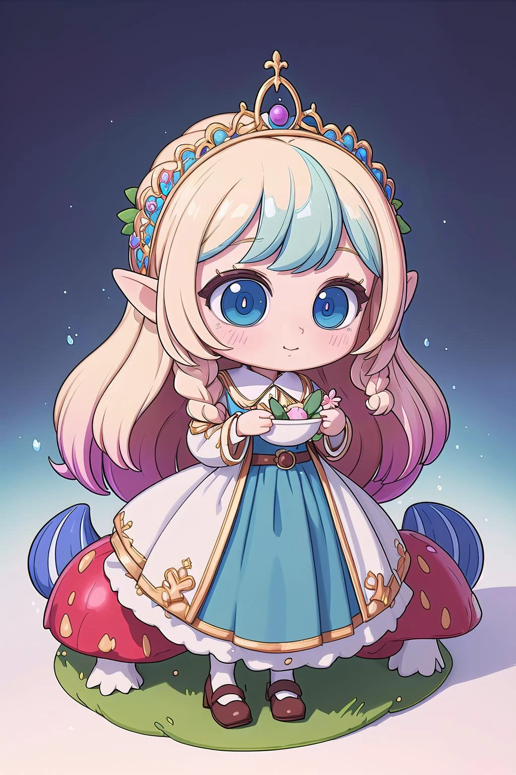 (masterpiece, best_quality, ultra-detailed, immaculate:1.3), epic, illustration, welcoming, 1girl, summoner, elf, bright blonde hair, Messy Fishtail Braid, on a Brazillian, spring mushroom, at a flowery vinyard, bombshell hair, pastel blue hair, Coiffed Waves,low-tied long hair, eye contact<lyco:EnvyCuteMix17:1>