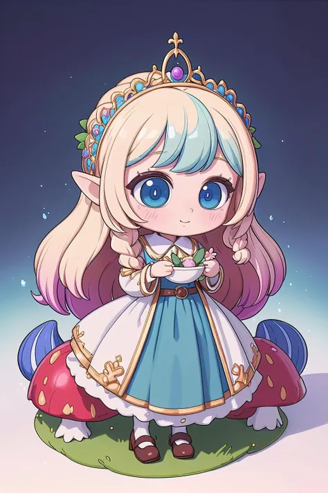 (masterpiece, best_quality, ultra-detailed, immaculate:1.3), epic, illustration, welcoming, 1girl, summoner, elf, bright blonde hair, Messy Fishtail Braid, on a Brazillian, spring mushroom, at a flowery vinyard, bombshell hair, pastel blue hair, Coiffed Waves,low-tied long hair, eye contact<lyco:EnvyCuteMix17:1>