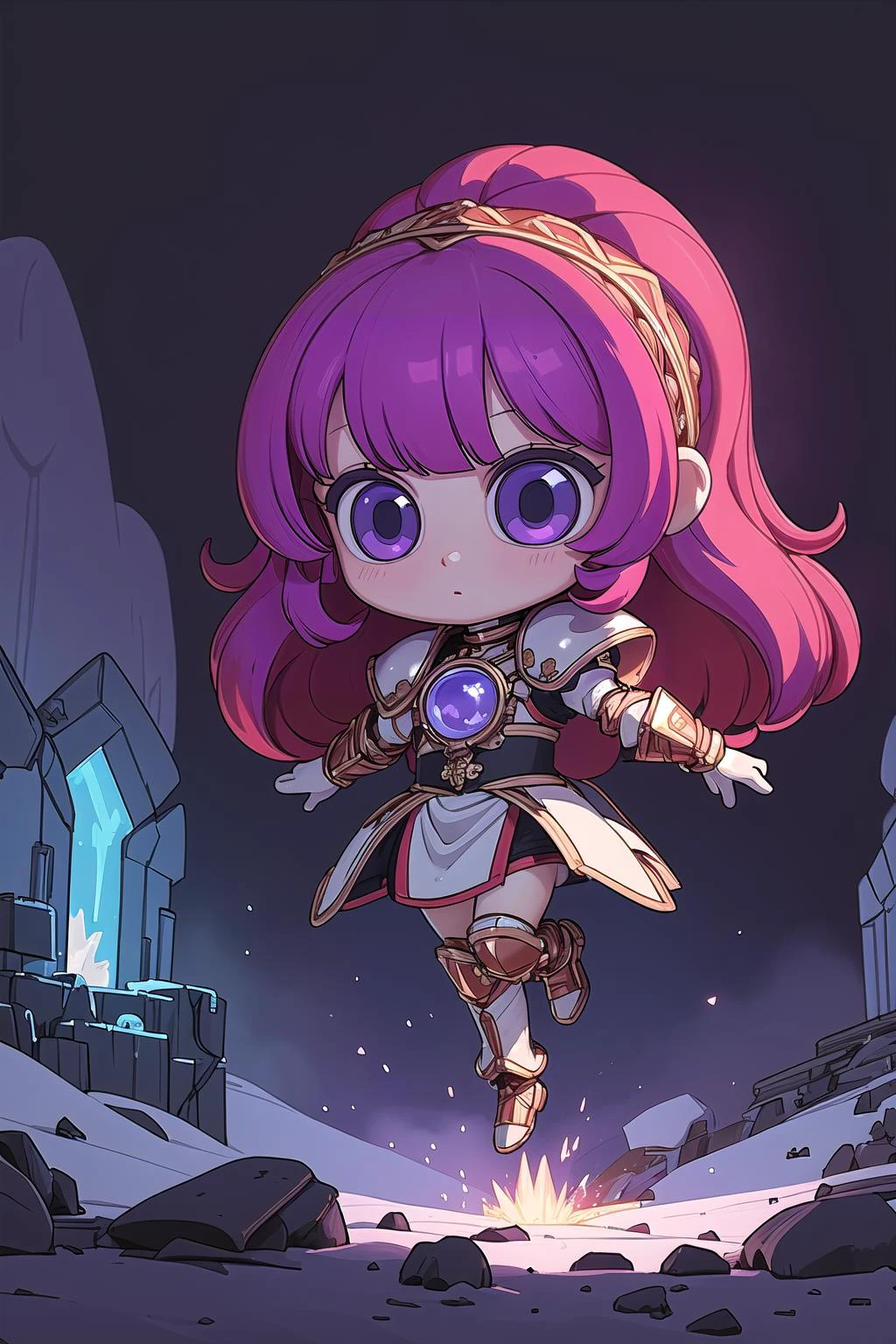 (masterpiece, best_quality, ultra-detailed, immaculate:1.3), epic, illustration, arctic heavy knight , armor, bright red hair, Braided Headband,curly hair, long hair, jumping, in a radioactive, contemporary bunker ("at the Wondrous Megalopolis, Luminescent":1.2), in a dark valley, bombshell hair, purple hair, Waist Length Hair, forehead-to-forehead<lyco:EnvyCuteMix17:1>