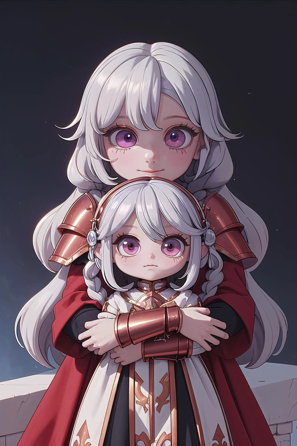 (masterpiece, best_quality, ultra-detailed, immaculate:1.3), epic, illustration, warpriest lord , armor, copper hair, hair rings,Crimped Hair, group hug, simple background, on a stage, bombshell hair, silver hair, Messy Fishtail Braid, prostration<lyco:EnvyCuteMix17:1>