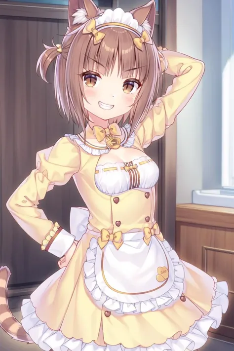 <lora:GoodHands-beta2:1> nice hands, perfect hands
nekoazuki, 1girl, solo, animal ears, brown hair, cat ears, brown eyes, smile, cat tail, two side up, looking at viewer, grin, breasts, striped tail, cat girl, apron, yellow bow, animal ear fluff, long sleeves, bow, arm up, small breasts, short hair, blush, puffy sleeves,yellow_dress