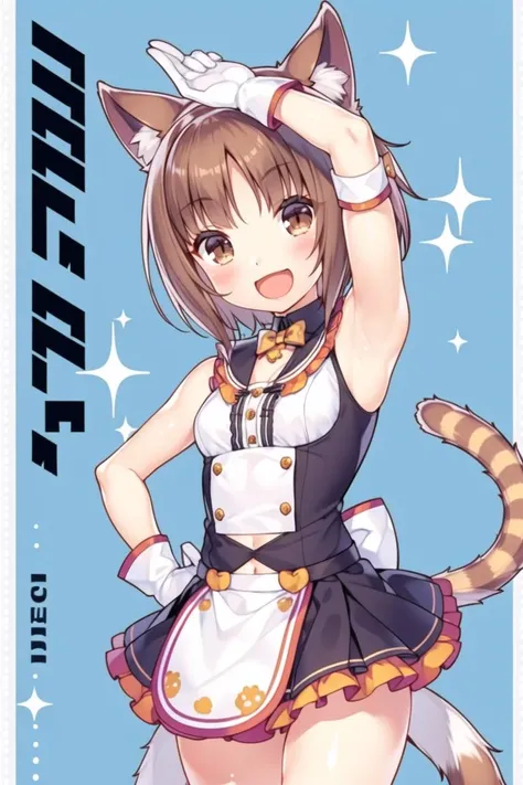 nekoazuki,1girl, animal ears, tail, cat ears, brown hair, gloves, open mouth, brown eyes, smile, artist name, cat tail, navel, :d, solo, armpits, idol, short hair, white gloves, skirt, looking at viewer, two side up, character name, hand on hip, sparkle, blush, silhouette, ribbon, sleeveless, midriff, hair ribbon, arm up, striped tail