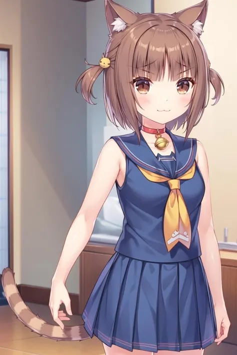 1girl, solo, tail, bell, animal ears, brown hair, brown eyes, skirt, two side up, neck bell, looking at viewer, jingle bell, cat ears, :3, sleeveless, cat tail, school uniform, short hair, smile, hair ornament, collar, cat hair ornament, serafuku, pleated skirt, blush, sleeveless shirt, bangs, indoors, sailor collar, blue skirt, cowboy shot, standing