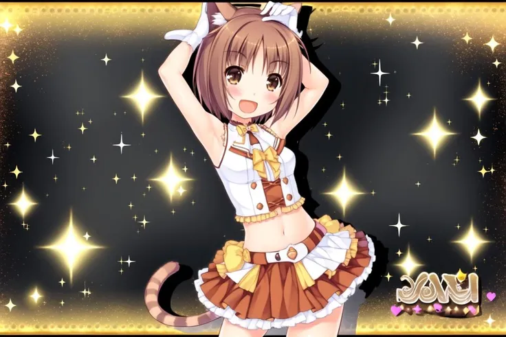 nekoazuki,1girl, animal ears, tail, cat ears, brown hair, gloves, open mouth, brown eyes, smile, artist name, cat tail, navel, :d, solo, armpits, idol, short hair, white gloves, skirt, looking at viewer, two side up, character name, hand on hip, sparkle, blush, silhouette, ribbon, sleeveless, midriff, hair ribbon, arm up, striped tail
