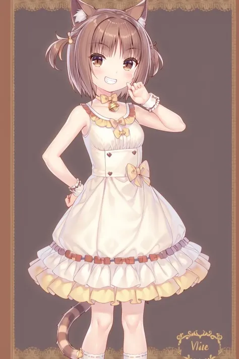 <lora:GoodHands-beta2:1> nice hands, perfect hands
nekoazuki, 1girl, solo, animal ears, tail, dress, brown hair, cat ears, bell, two side up, artist name, smile, brown eyes, cat tail, jingle bell, v, white dress, looking at viewer, short hair, socks, full body, grin, hand on hip, sleeveless, sleeveless dress, blush, bow, bare shoulders, ribbon, bangs, standing, hair ribbon, bare arms, wrist cuffs