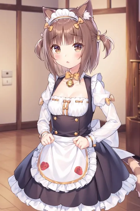 1girl, solo, brown hair, animal ears, tail, cat ears, cat tail, bow, breasts, two side up, long sleeves, maid headdress, bell, jingle bell, food, short hair, dress, small breasts, puffy sleeves, bowtie, cat girl, frills, juliet sleeves, animal ear fluff, bangs, apron, hair bow, clothing cutout, strawberry, blush, collarbone