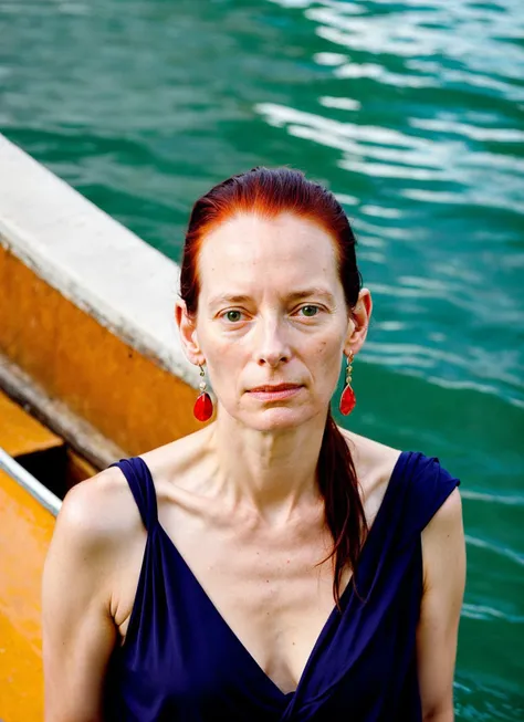 portrait of sks woman in venice, at the river,, by Flora Borsi, style by Flora Borsi, bold, bright colours, ((Flora Borsi)), by Dorothea Lange, <lora:locon_tildaswinton_v1_from_v1_64_32:1>