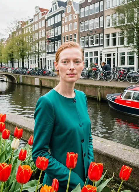 A stunning intricate full color portrait of (sks woman:1) in Amsterdam, by the canals with tulips in the foreground, wearing Kimono and high-waisted pants, epic character composition, sharp focus, natural lighting, subsurface scattering, f2, 35mm, film grain, , by William Eggleston, <lora:locon_emilywatson_v1_from_v1_64_32:1>