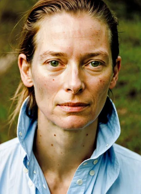 A stunning intricate full color portrait of (sks woman:1) in Cape Town, at Table Mountain, wearing Button-down shirt and chinos, epic character composition, sharp focus, natural lighting, subsurface scattering, f2, 35mm, film grain, , by Tim Walker, <lora:locon_tildaswinton_v1_from_v1_64_32:1>