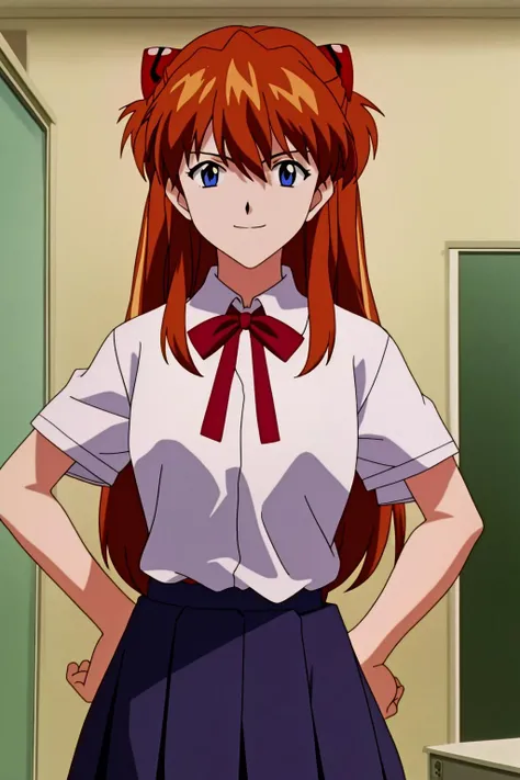 asuka, 1girl, solo, long_hair, looking_at_viewer, smile, bangs, blue_eyes, skirt, shirt, ribbon, closed_mouth, school_uniform, standing, white_shirt, short_sleeves, cowboy_shot, orange_hair, red_ribbon, two_side_up, hand_on_hip, neck_ribbon, interface_headset, tokyo-3_middle_school_uniform