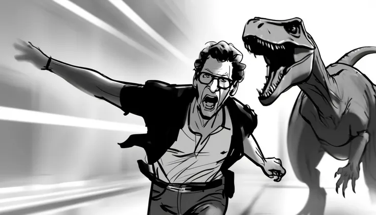 storyboard sketch of a jeff goldblum as ian malcolm with his black shirt open running from a trex in Jurassic Park, motion blur, action shot<lora:storyboard sketch:0.65>