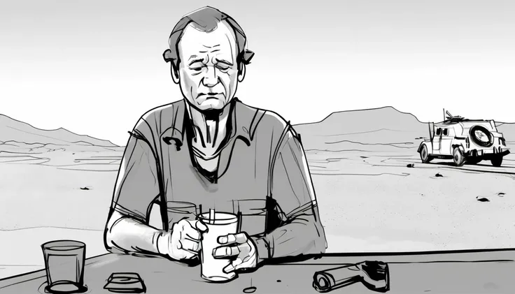 storyboard sketch of Bill Murray feeling Lonely Sipping a drink playing a Marksman in Desert highway <lora:storyboard sketch:0.8>