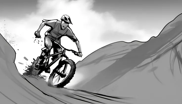 storyboard sketch of Mountain biker soaring off a dirt ramp, back tire kicking up a spray of mud. <lora:storyboard sketch:0.8>