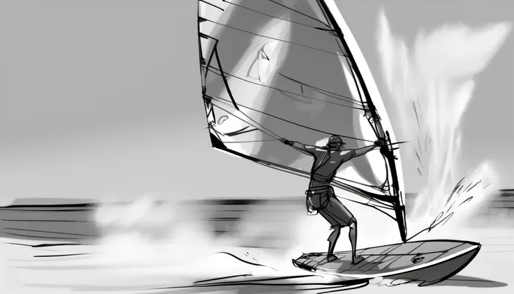storyboard sketch of Windsurfer catching a gust, spray misting off the sail. <lora:storyboard sketch:0.8>