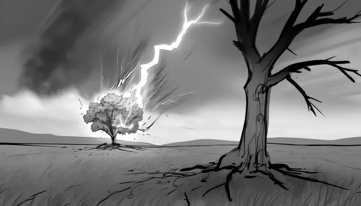 storyboard sketch of Lightning striking a lone tree in a field, bark exploding and embers glowing in the aftermath. <lora:storyboard sketch:0.8>