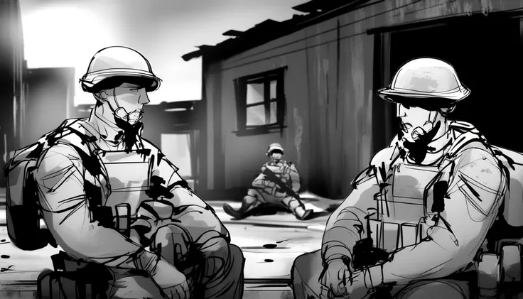 sketch in the style of storyboard_style, highly detailed, <lora:Storyboard:1.1> (Joe Biden:0.7) wearing blue shorts and an army helmet, army base