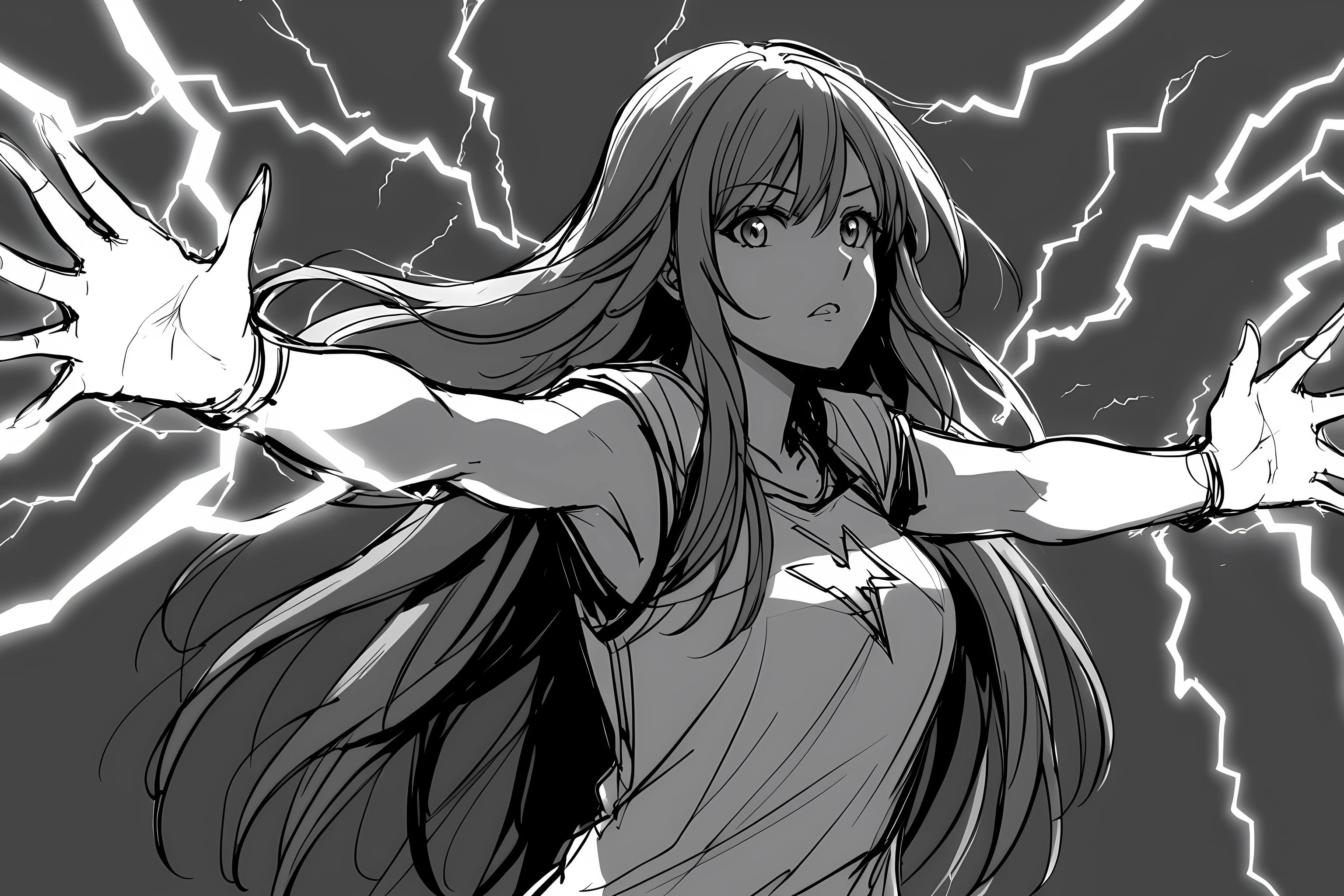<lora:Storyboard_sketch:0.5>, storyboard sketch, girl, arms up, energy orb in hands, lightning bolts, long hair, thunders