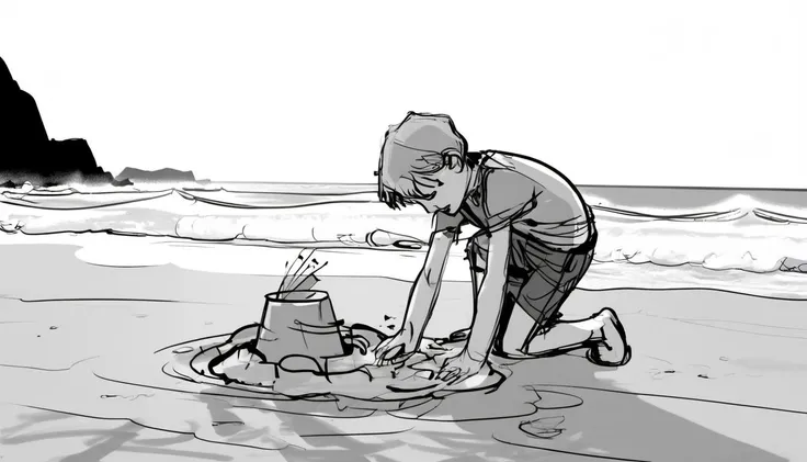 A child, building a sandcastle, as waves gently kiss the shore. <lora:Storyboard_sketch:1>