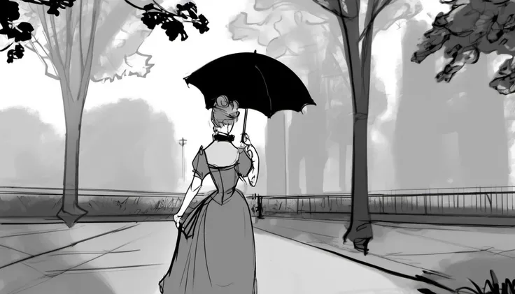 A lady, parasol in hand, taking a leisurely stroll in a Victorian-era park. <lora:Storyboard_sketch:0.85>