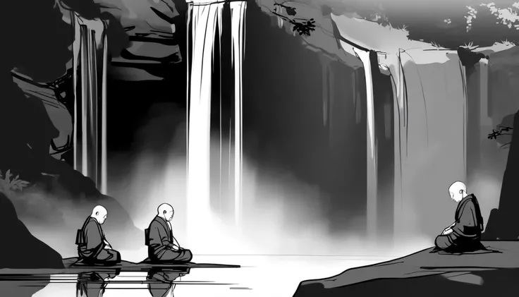 Three monks in deep meditation beside a serene mountain waterfall. <lora:Storyboard_sketch:0.85>
