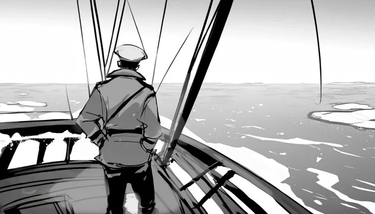 A sailor gazing at the horizon from the bow of a ship sailing through icy waters. <lora:Storyboard_sketch:0.85>