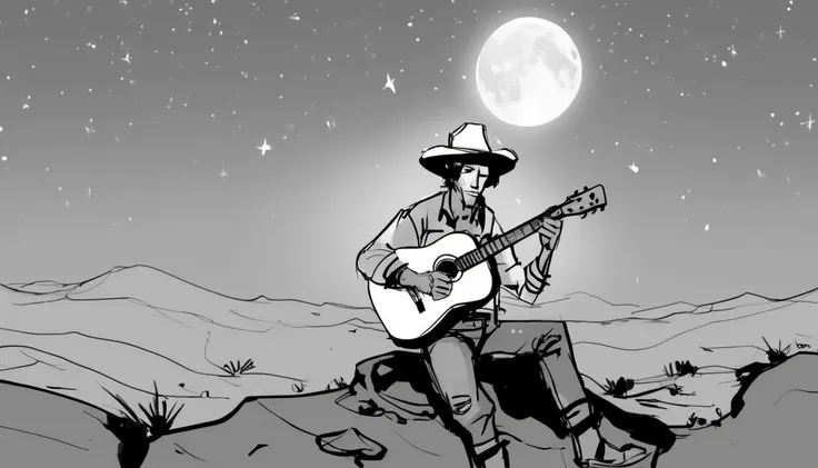 A cowboy, strumming a guitar, under a vast starry sky by a campfire. <lora:Storyboard_sketch:0.85>