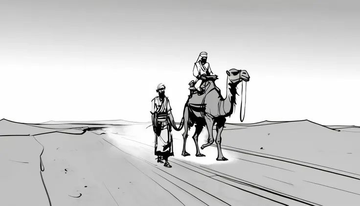 A nomad, riding a camel, with a vast desert stretching out ahead. <lora:Storyboard_sketch:0.85>