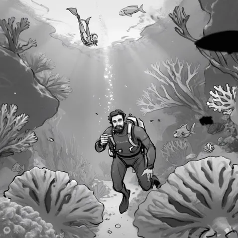 storyboard sketch of A diver exploring a vibrant coral reef, surrounded by curious marine life.  starring Jeffrey Dean Morgan <lora:storyboard sketch:0.8>