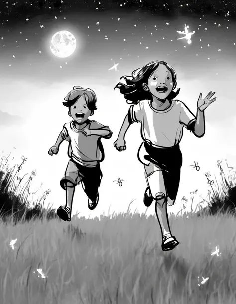 Two kids, chasing fireflies, in a meadow under a starry night. <lora:Storyboard_sketch:0.85>