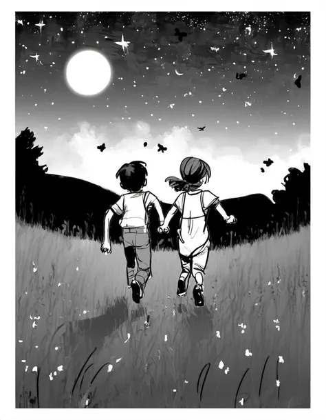 Two kids, chasing fireflies, in a meadow under a starry night. <lora:Storyboard_sketch:0.85>