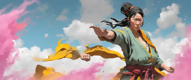 a colorful acrylic painting, storyboard sketch of extreme face close-up of a statuesque Mongolian (busty and curvy:2) woman, half shot, (arid middle-eastern desert theme:1.1), monk, dynamic pose, fighting stance, clenched fist, martial arts themed clothes, monk robes, watery swamp in background, swirling floating particles, dust cloud, depth of field, dynamic composition, epic eastern medieval atmosphere, <lora:storyboard sketch:0.6> standing in the bustling realm of impossible dreams and thoughts, where colorful ideas spark to life in bright in explosions of fractal possibilities. a cinematic quality of earthly hues and tones in an epic atmosphere of autumn colors bathed in soothing moonlight. cotton candy and rainbows driving change. a mysterious impasto acrylic painting, palette knife, visible brush strokes, in the style of makoto shinkai and jamie wyeth and james gilleard and edward hopper and greg rutkowski and studio ghibli and genshin impact