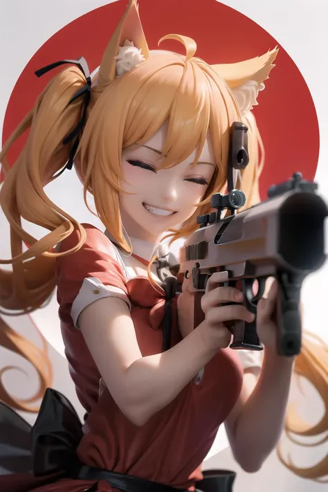 (masterpiece),best quality,1girl,gun,animal ears,solo,closed eyes,twintails,smile,holding gun,dress,aiming at viewer,short sleeves,handgun,animal ear fluff,upper body,grin,teeth,