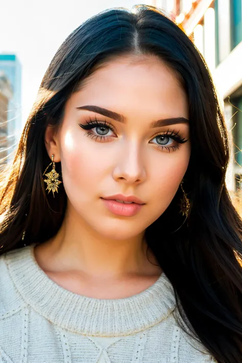 S432_BekeJacoba, long hair, smiling, modern photo, (black hair), (wearing edgPO pullover, edgPO), <lora:edgPullovers:1>, (portrait), (35mm, F/2.8) Photo Focus, DOF, Aperture, insanely detailed and intricate, character, hypermaximalist, beautiful, revealing, appealing, attractive, amative, hyper realistic, super detailed, beautiful girl, ((detailed eyes)), long eyelashes, winged eyeliner, (glossy lips), in the city, daytime, bright lighting, modeling