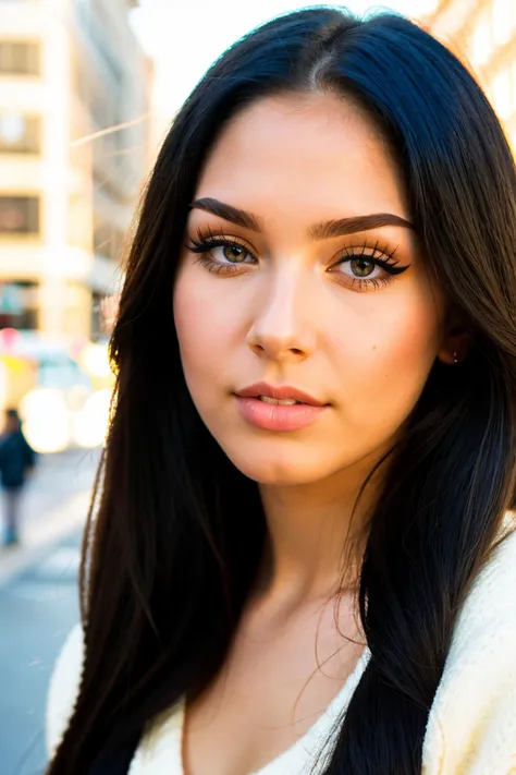 S432_BekeJacoba, long hair, smiling, modern photo, (black hair), (wearing edgPO pullover, edgPO), <lora:edgPullovers:1>, (portrait), (35mm, F/2.8) Photo Focus, DOF, Aperture, insanely detailed and intricate, character, hypermaximalist, beautiful, revealing, appealing, attractive, amative, hyper realistic, super detailed, beautiful girl, ((detailed eyes)), long eyelashes, winged eyeliner, (glossy lips), in the city, daytime, bright lighting, modeling