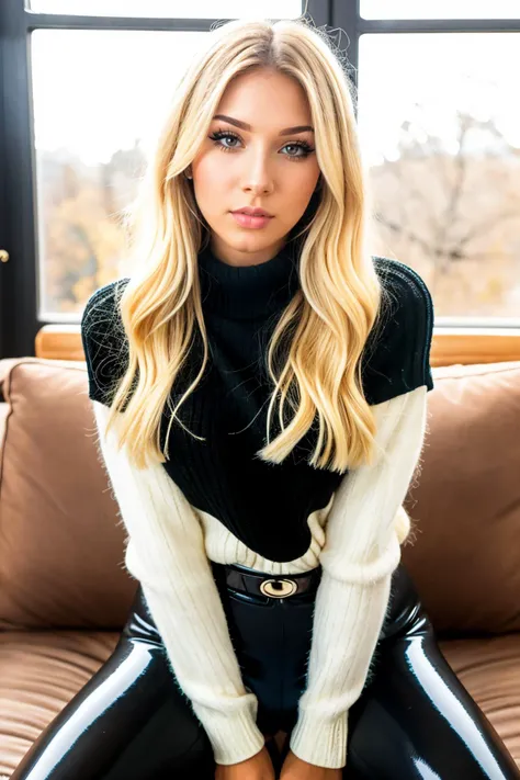 S432_BekeJacoba, long hair, smiling, modern photo, (blonde hair), (wearing black edgPO pullover, edgPO), <lora:edgPullovers:1>, (wearing leggings), (cowboy shot), (35mm, F/2.8) Photo Focus, DOF, Aperture, insanely detailed and intricate, character, hypermaximalist, beautiful, revealing, appealing, attractive, amative, hyper realistic, super detailed, beautiful girl, ((detailed eyes)), long eyelashes, (glossy lips), sitting in the front room, daytime, bright lighting, modeling